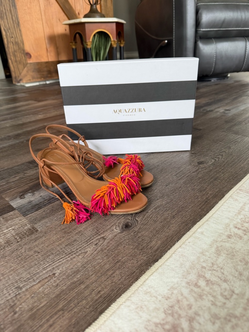 Aquazzura Women's 38.5 Fringed Heel Sandal with Pink & Orange Tassel Detail